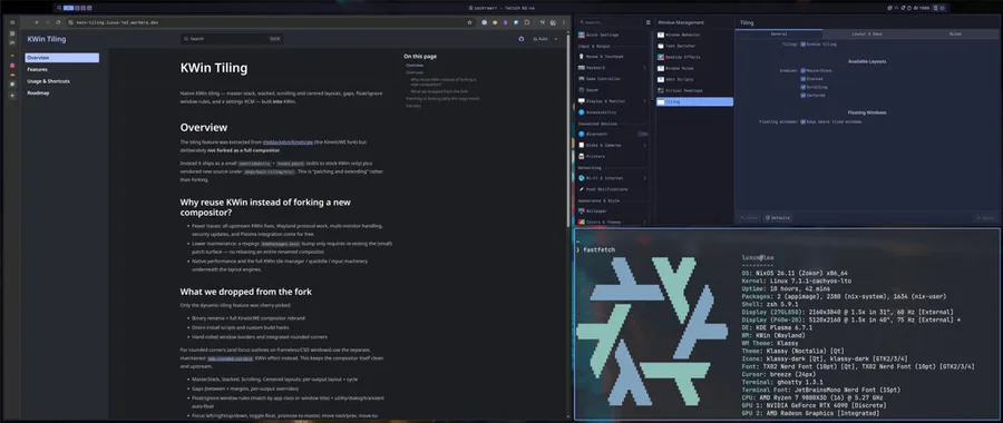 Tiled desktop with master-stack layout on the left monitor and stacked layout on the right