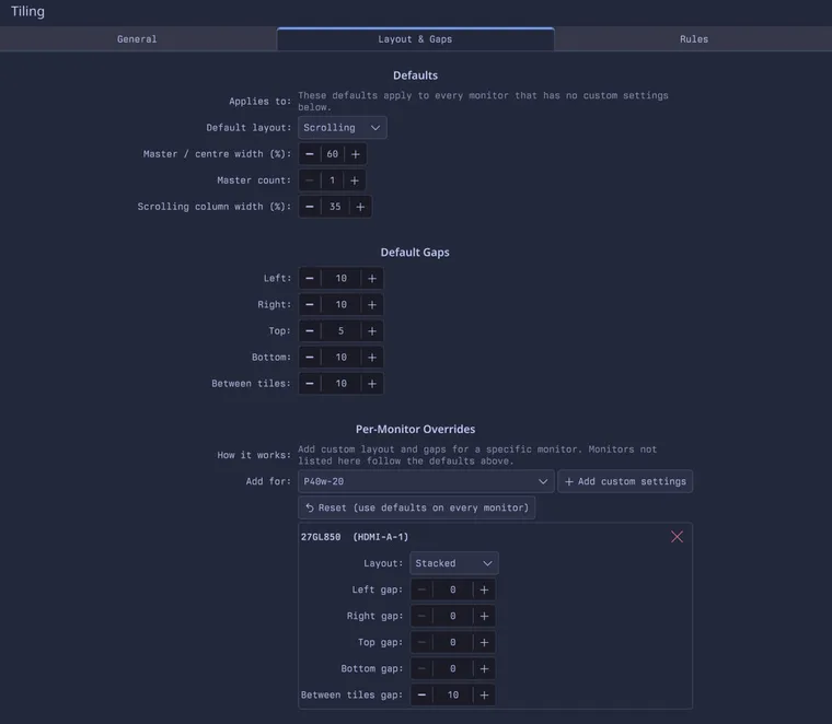 Layout and gap settings with per-monitor overrides