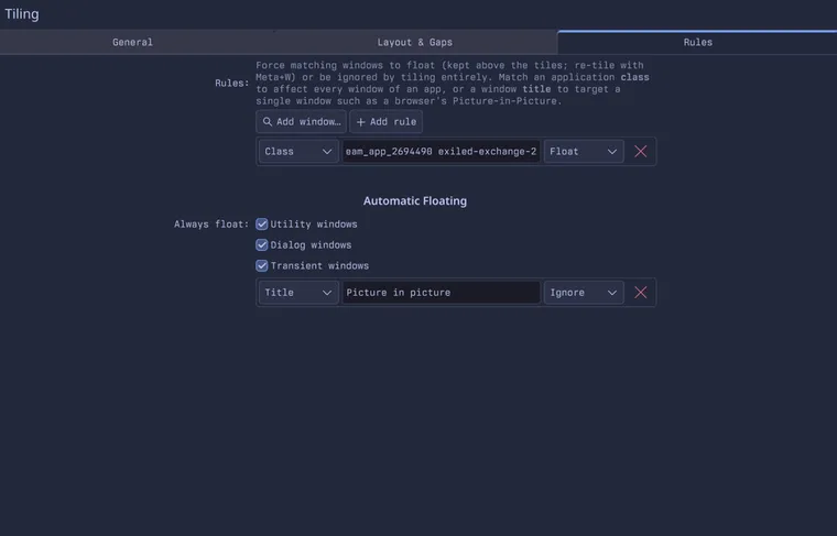 Float and ignore rules for apps and windows
